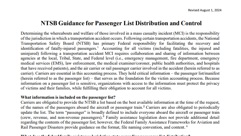 NTSB Guidance on Passenger Lists